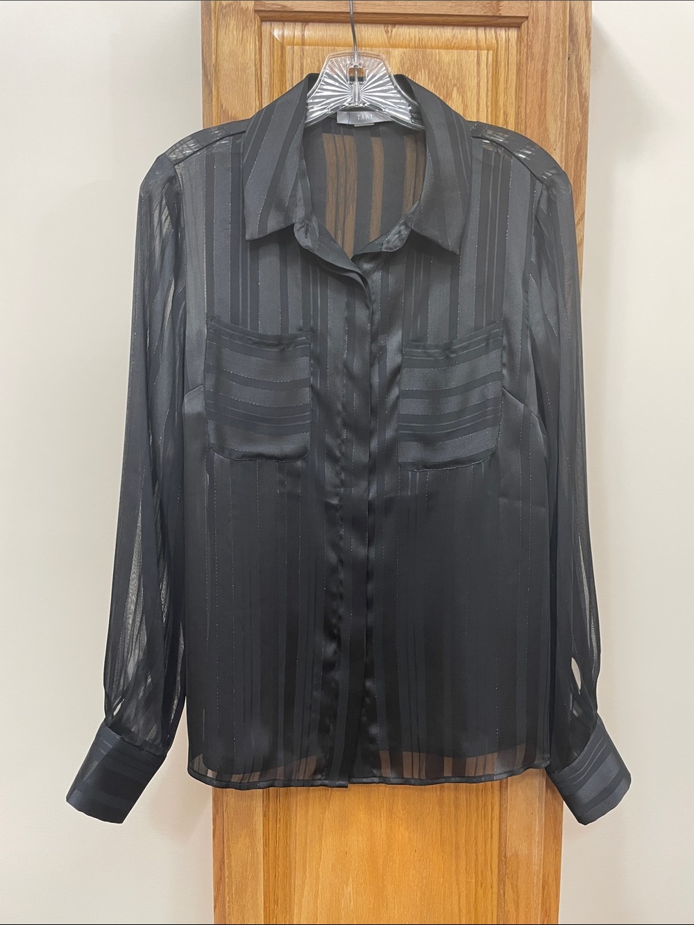 Tart Sheer Black Striped Button-Up Blouse with Black Cami Size Medium